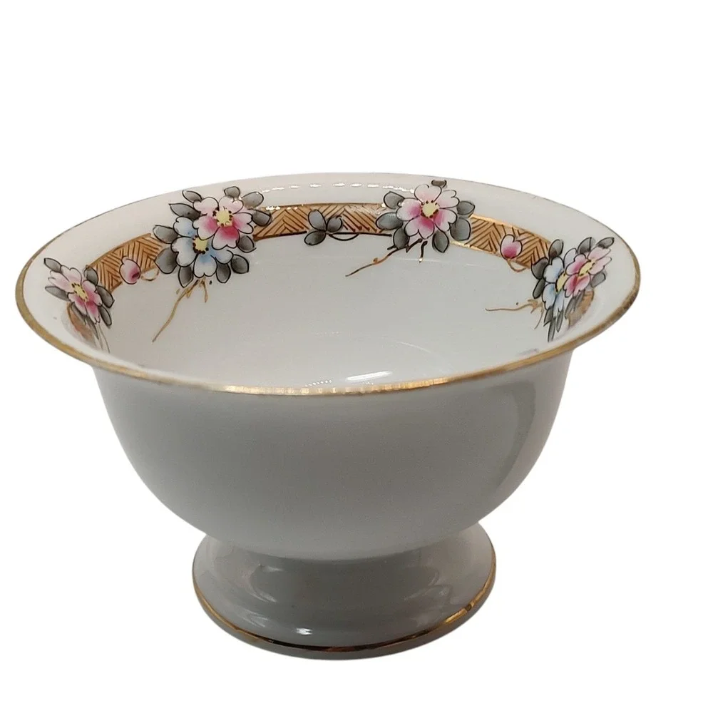 Antique Nippon Bowl Footed Hand Painted‎ Floral Gold Trim Candy Dish Rising Sun